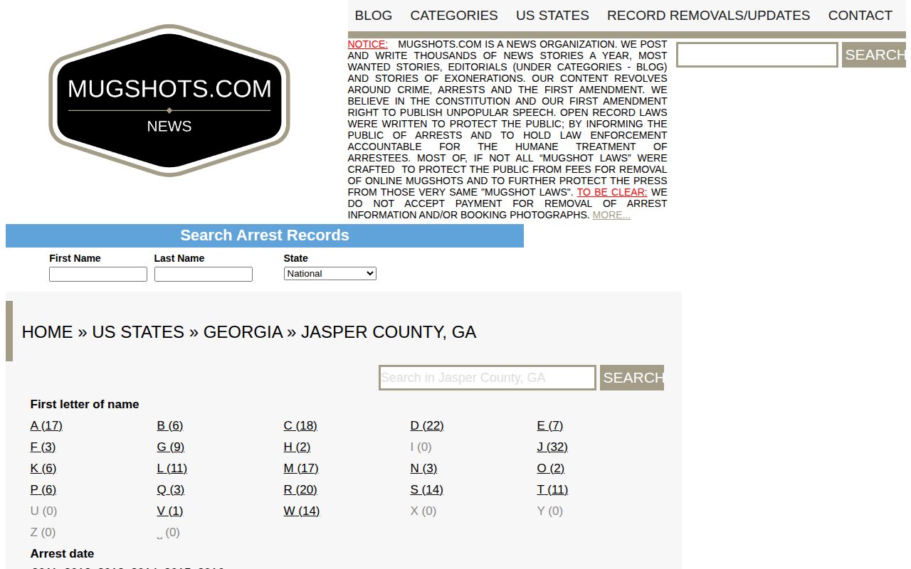 Unofficial and apparently stale Mugshots.com Jasper County booking-photo archive page