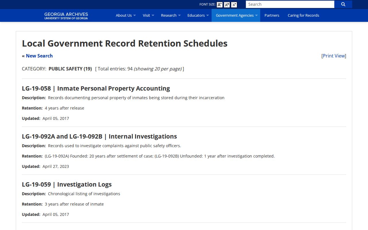 Georgia Archives local-government public-safety retention schedule for jail records