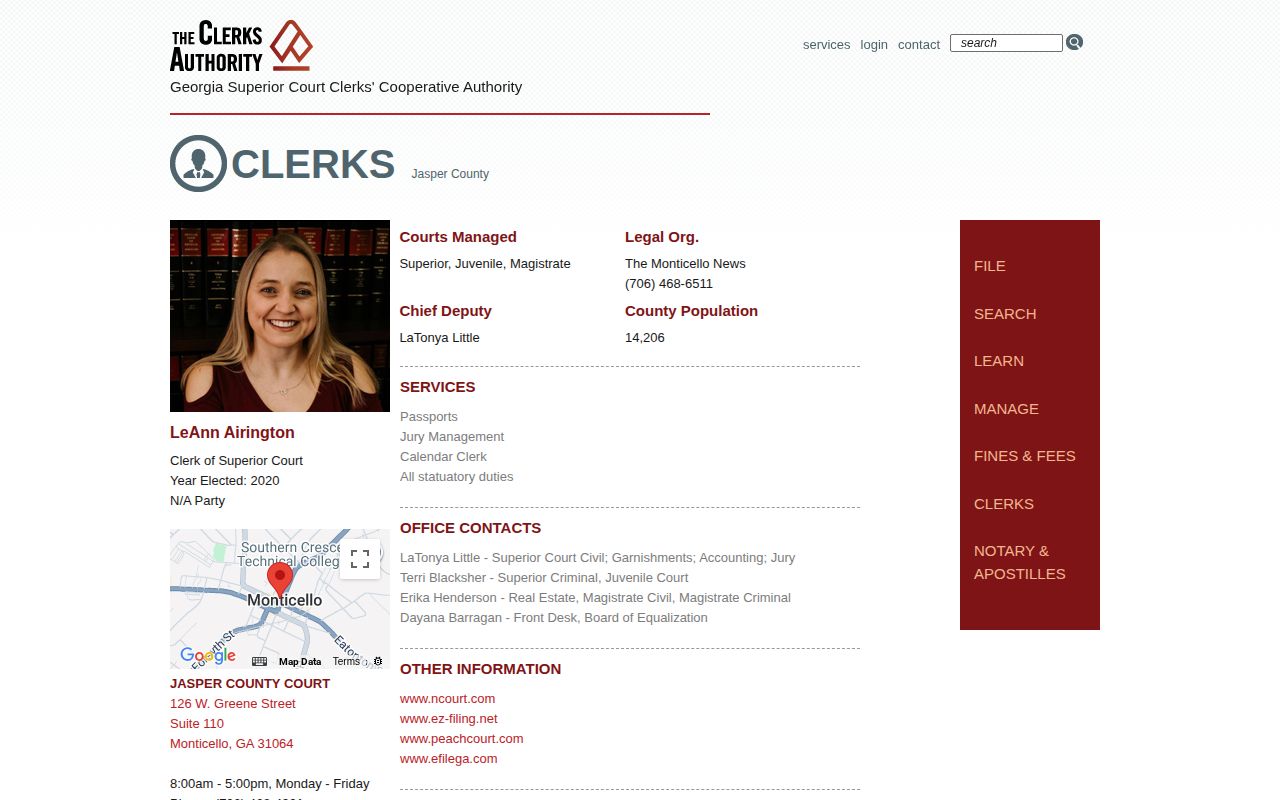 Jasper County Clerk of Superior Court contact and disposition record source