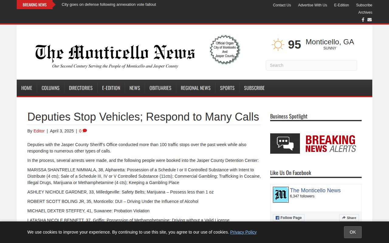 The Monticello News weekly Jasper County sheriff activity and booking list format